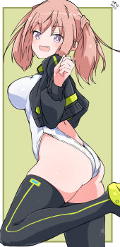 1girl alice_gear_aegis black_jacket black_thighhighs booth_babe brown_hair clothing_cutout commentary_request companion/af covered_collarbone fang front_zipper full-length_zipper heattech_leotard highleg highleg_leotard highres jacket kimikage_yui leotard looking_at_viewer medium_hair multicolored_leotard nejirehifumi purple_eyes race_queen skin_fang sleeveless_turtleneck_leotard smile solo standing standing_on_one_leg thighhighs turtleneck twintails twintails_with_hair_base two-tone_leotard white_leotard zipper zipper_leotard zipper_pull_tab