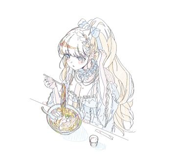 Rule 34 | 1girl, adjusting hair, bow, bowl, braid, breasts, chopsticks, cleavage, cup, eating, food, frilled sleeves, frills, hair bow, highres, holding, holding chopsticks, long hair, mahou shoujo no majo saiban, mole, mole under eye, noodles, ramen, saeki miria, simple background, sitting, solo, tsujiya okuyasu, white background