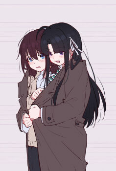 2girls absurdres ahoge awa_subaru black_hair blue_eyes brown_cardigan brown_coat brown_hair cardigan chinese_commentary coat commentary_request girls_band_cry hair_ribbon highres iseri_nina long_hair long_sleeves low_twintails multiple_girls open_mouth parted_bangs purple_eyes ribbon shared_clothes shared_coat shirt short_hair short_twintails twintails white_ribbon white_shirt yun_cao_bing yuri