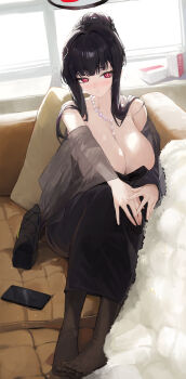 1girl absurdres black_hair black_halo black_pantyhose blue_archive breasts commentary_request couch detached_sleeves dress hair_bun halo highres huge_breasts jewelry jianjia necklace on_couch pantyhose pearl_necklace pillow red_eyes rio_(blue_archive) rio_(dress)_(blue_archive) see-through_clothes shoes sitting solo strapless strapless_dress unworn_shoes