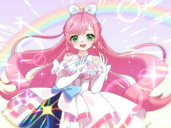 Rule 34 | 1girl, ascot, blue bow, bow, braid, brooch, center frills, commentary, cowboy shot, crown braid, cure prism, dispersion (optics), dress, dress bow, earrings, elbow gloves, frills, glove bow, gloves, green eyes, hair bow, heart, heart hands, highres, hirogaru sky! precure, jewelry, layered dress, long hair, looking at viewer, magical girl, medium dress, nijigaoka mashiro, open mouth, pink hair, precure, rainbow, reipirosyan, side braids, single earring, sleeveless, sleeveless dress, smile, solo, standing, very long hair, white ascot, white bow, white dress, white gloves, wing brooch