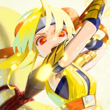 Rule 34 | absurdres, armor, blonde hair, blue headband, blue shirt, breasts, bun cover, commentary, double bun, gourd, hair bun, hammer, headband, hide yoshino, highres, holding, holding hammer, looking at viewer, open mouth, red eyes, red rope, rope, ryohhe, sengoku otome, shirt, shoulder armor, sleeveless, sleeveless shirt, small breasts, teeth, upper body, upper teeth only, vambraces, yellow shirt