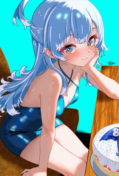 1girl absurdres alternate_costume blue_eyes blue_hair breasts commentary dfswift dress elbow_on_table english_commentary hand_on_own_cheek hand_on_own_face head_rest highres hololive hololive_indonesia kobo_kanaeru long_hair looking_at_viewer multicolored_hair sitting small_breasts smile solo two-tone_hair virtual_youtuber white_hair