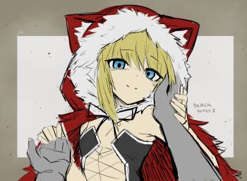 1girl absurdres animal_ear_hood animal_ears bare_arms bare_shoulders black_souls black_souls_2 blank_eyes cloak commentary english_commentary fake_animal_ears fur-trimmed_cloak fur_trim hand_on_another's_face highres holding_hands hood hooded_cloak light_smile looking_at_viewer pale_skin petite pov red_hood_(black_souls) revealing_clothes sollyz