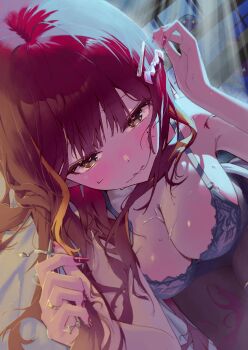 1girl absurdres akane_lize black_bra black_panties black_pantyhose bra breasts cleavage closed_mouth highres large_breasts light_blush long_hair lying mole nail_polish panties panties_under_pantyhose pantyhose red_hair red_nails s.jeti solo stellive sweatdrop underwear virtual_youtuber yellow_eyes