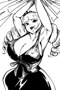 Rule 34 | 1girl, bow, breasts, cleavage, covered erect nipples, crown, curly hair, curvy, dress, female focus, hands up, highres, huge breasts, large breasts, long hair, looking at viewer, matahachi03 24, matahachi (matahachi4230), open mouth, rose bernstein, smile, smiley face, the king of fighters, wide hips