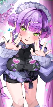 1girl blunt_bangs cowboy_shot demon_tail double_bun floral_print green_eyes hair_bun hair_intakes hair_ornament hairclip hands_up heart heart_hair_ornament highres hololive jewelry leg_tattoo light_frown long_sleeves looking_at_viewer maid_headdress parted_lips punikasu purple_hair ring sparkle_hair_ornament tail tattoo thighs tokoyami_towa