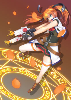 Rule 34 | 1girl, absurdres, blue eyes, cross mirage, dual wielding, full body, gun, highres, holding, lyrical nanoha, mahou shoujo lyrical nanoha strikers, mikazuki akira!, orange hair, ribbon, solo, teana lanster, thighhighs, twintails, weapon, weiss schwarz