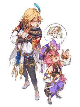 1boy 1girl :d ahoge angry artist_name black_gloves black_pants black_shirt black_shoes blonde_hair blue_sash cape closed_mouth commentary crop_top crossed_arms detached_sleeves dori_(genshin_impact) earrings english_commentary feather_hair_ornament feathers fingerless_gloves fingerprint from_above frown gem genshin_impact glasses gloves gold_earrings gold_necklace gold_thighlet gold_trim hair_between_eyes hair_ornament hand_on_own_hip hand_up harem_pants hat hat_ribbon hat_tassel instagram_logo jewelry kaveh_(genshin_impact) long_hair long_sleeves looking_at_another looking_up nahida_(genshin_impact) necklace open_mouth orange_eyes pants pince-nez pink_hair puffy_detached_sleeves puffy_sleeves purple_hat purple_pants purple_ribbon red-tinted_eyewear red_cape red_eyes ribbon sash shirt shoes short_hair short_hair_with_long_locks simple_background sleeveless sleeveless_shirt smile soulc1ty speech_bubble spoken_character standing tassel teeth thighlet thumbs_up tinted_eyewear twitter_logo upper_teeth_only v-shaped_eyebrows vision_(genshin_impact) white_background white_gem white_shirt white_shoes white_sleeves