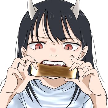 1girl aoki_ruri black_hair eating fangs hands_up horns open_mouth red_eyes ruri_(ruri_) ruridragon simple_background solo white_background