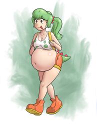 Rule 34 | 1girl, abstract background, backpack, bad tag, bag, belly stuffing, breasts, brown eyes, dinosaur girl, earrings, female focus, front, full body, genderswap, green hair, green tail, huge breasts, inflation, jewelry, mario (series), nintendo, orange shoes, orange shorts, ponytail, saf-404, saf 404, shorts, tail, thick thighs, thighs, tongue, tongue out, walking, white background, yoshi