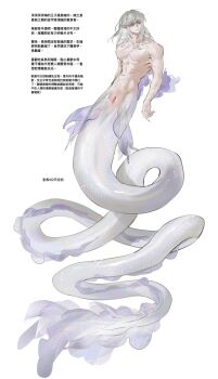 Rule 34 | 1boy, chinese commentary, chinese text, cloaca, closed mouth, colored sclera, commentary request, cuntboy, fingernails, fins, full body, gills, grey hair, grey scales, grey sclera, highres, large pectorals, long hair, looking to the side, male focus, merman, monster boy, monsterification, nipples, original, pectorals, pointy ears, scales, scar, scar on arm, scar on chest, scar on hand, scar on shoulder, scar on stomach, scars all over, sharp fingernails, simple background, slit pupils, solo, sun nnnun, toned, toned male, too many, scars all over, translation request, white background, white eyes