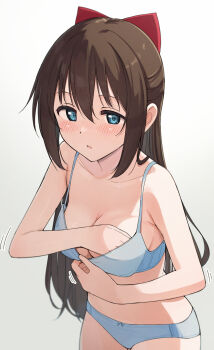 1girl absurdres adjusting_breasts blue_bra blue_eyes blue_panties blush bow bra breasts brown_hair collarbone commentary_request cowboy_shot hair_bow highres long_hair love_live! love_live!_nijigasaki_high_school_idol_club medium_breasts osaka_shizuku panties parted_lips simple_background solo tata_(tataice) underwear white_background