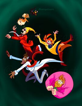 Rule 34 | 1girl, 3boys, :d, alt text, artist name, blonde hair, brown hair, cabanela, cat, coat, commentary, dog, english commentary, falling, formal clothes, ghost trick, grey hair, grey pants, highres, jowd, lynne (ghost trick), missile (ghost trick), multiple boys, necktie, open mouth, orange hair, pants, parody, pink sweater, red scarf, red suit, redd boots, scarf, sissel (ghost trick), smile, suit, sunglasses, sunnyaliceart, sweater, tail, tail wagging, white necktie, yellow coat