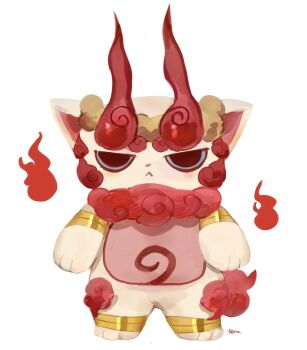 anklet armlet commentary_request full_body gold_anklet gold_armlet highres hitodama jewelry looking_at_viewer no_humans red_fire shurakoma simple_background solo standing umeyoukan_hn43 white_background white_fur youkai_(youkai_watch) youkai_watch