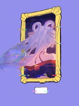 1000-nen_ikiteru_(vocaloid) 1girl bare_shoulders chinese_commentary cho_kaguya-hime! commentary_request facing_away from_behind hair_ornament hair_rings hair_stick highres long_hair off_shoulder painting_(object) picture_frame purple_background runami_yachiyo simple_background solo twintails very_long_hair yiwanbula_jinsiji