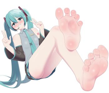 Rule 34 | 1girl, aqua eyes, aqua hair, aqua nails, aqua necktie, bare legs, barefoot, black skirt, blush, collared shirt, commission, detached sleeves, double v, feet, female focus, foot focus, foreshortening, full body, grey shirt, grin, hair ornament, hatsune miku, headset, highres, knees up, long hair, maidforge, nail polish, necktie, number tattoo, paid reward available, shirt, shoulder tattoo, simple background, skirt, sleeveless, sleeveless shirt, smile, soles, solo, tattoo, teeth, thighs, tie clip, toes, twintails, v, very long hair, vocaloid, white background