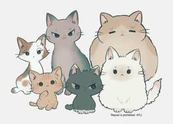 Rule 34 | :<, :3, animal, animal focus, artist name, ayu (mog), black cat, blue eyes, brown cat, calico (pattern), calico cat, cat, closed eyes, closed mouth, commentary, commentary request, english commentary, grey background, mixed-language commentary, no humans, original, romaji commentary, simple background, watermark, white cat