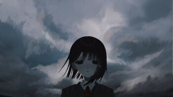 1girl black_jacket blush bow brown_eyes brown_hair closed_mouth cloud cloudy_sky collared_shirt hair_between_eyes hair_ornament highres iwakura_lain jacket looking_at_viewer red_bow serial_experiments_lain shirt short_hair sky solo somnia_2 upper_body x_hair_ornament
