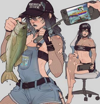 1girl abs absurdres animal armlet bandeau barefoot baseball_cap bass_(fish) belt belt_buckle black_eyeliner black_eyeshadow black_hair black_nails black_shorts blue_eyes blue_hair blush body_blush bracelet braid braided_ponytail breasts buckle chair choker cleavage clothes_writing controller crossed_legs denim_overalls detached_sleeves ear_piercing english_text eyeliner eyeshadow face_piercing feet female_focus fingerless_gloves fish fishing_rod fishnet_pantyhose fishnet_sleeves fishnet_top fishnets full_body game_console gaming_chair gloves goth_fashion gradient_hair grey_background grey_eyes grey_lips hand_on_own_knee hat highres holding holding_animal holding_controller holding_fish holding_fishing_rod jewelry large_breasts linea_alba lip_piercing lipstick long_hair looking_at_viewer makeup meme midriff multicolored_hair multiple_bracelets multiple_piercings multiple_views muscular muscular_female navel nose_piercing nose_ring obliques on_chair original overalls pantyhose piercing ponytail screen screenshot_inset sega sega_bass_fishing short_shorts shorts single_glove single_leg_pantyhose sitting standing steam_deck strapless studded_bracelet studded_gloves swivel_chair toned toned_female torn_clothes tube_top underboob video_game water wet women_want_me_fish_fear_me_(meme) yoracrab