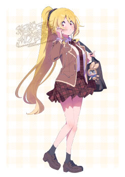 Rule 34 | 1girl, bag, black socks, blonde hair, blush, border, brown jacket, brown shoes, charm (object), closed mouth, collared shirt, commentary request, dot nose, double-parted bangs, earphones, full body, hair between eyes, highres, jacket, long hair, long sleeves, looking at viewer, magia record: mahou shoujo madoka magica gaiden, mahou shoujo madoka magica, miniskirt, necktie, open clothes, open jacket, outside border, plaid clothes, plaid necktie, plaid skirt, ponytail, red eyes, red necktie, red skirt, school bag, serizawa serizane, shirt, shoes, skirt, socks, solo, standing, togame momoko, watermark, white border, white shirt, yellow background
