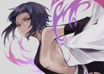 1girl 2022 bare_shoulders black_hair bleach breasts closed_mouth detached_sleeves female_focus haori highres japanese_clothes medium_hair simple_background small_breasts smile sui-feng ui_1231 upper_body