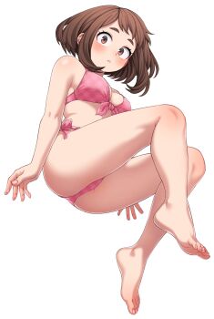 1girl absurdres ass bikini boku_no_hero_academia breasts brown_eyes brown_hair feet full_body highres kobaji looking_at_viewer medium_breasts medium_hair parted_lips pink_bikini simple_background solo swimsuit uraraka_ochako white_background