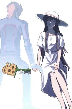 ash_phoenix back bare_legs black_hair blonde_hair blunt_bangs blush breasts closed_mouth code_geass code_geass:_dakkan_no_roze collarbone commentary dress flower formal_clothes from_behind hand_on_another's_hand hat head_tilt highres long_hair long_sleeves looking_at_viewer medium_breasts multicolored_hair nmexemn purple_eyes shade shaded_face short_hair short_sleeves simple_background sitting streaked_hair suit sumeragi_sakuya sunflower symbol-only_commentary white_background white_dress wide_sleeves