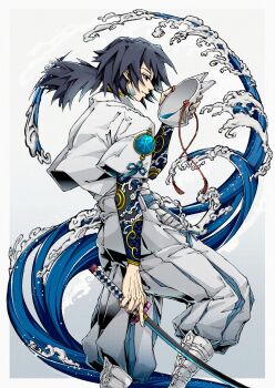 Rule 34 | 1boy, alternate costume, black hair, black jacket, closed mouth, fox mask, highres, holding, holding mask, holding sword, holding weapon, iririmari, jacket, katana, kimetsu no yaiba, long hair, low ponytail, male focus, mask, pants, ponytail, puffy pants, smile, solo, spiked hair, sword, tomioka giyuu, water, weapon, white jacket, white pants