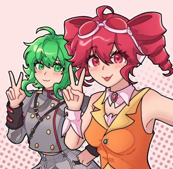 breasts buttons commentary cosplay costume_switch detached_sleeves double-breasted drill_hair english_commentary goggles goggles_on_head green_eyes green_hair grey_jacket gumi gumi_(cosplay) gumitetoyuri headset highres jacket kasane_teto kasane_teto_(cosplay) kasane_teto_(sv) red_eyes red_hair smile synthesizer_v twin_drills vocaloid