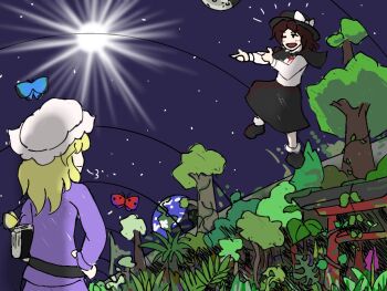 2girls :d black_capelet black_hat black_shoes black_skirt blonde_hair blue_butterfly blush bow bowtie brown_hair bug butterfly capelet chuunibyou closed_mouth collared_shirt commentary double_finger_gun earth_(planet) finger_gun floating grass hair_between_eyes hand_on_own_hip hat hat_bow holding insect kannsoupannpa leaf long_sleeves maribel_hearn medium_hair mob_cap multicolored_butterfly multiple_girls one_eye_closed open_mouth overgrown planet plant puff_of_air purple_butterfly purple_shirt purple_skirt red_bow red_bowtie red_butterfly shirt shoes short_hair skirt sleeve_cuffs smile socks space_station standing star_(sky) sun torifune_(touhou) torii touhou tree trojan_green_asteroid usami_renko vines white_bow white_hat white_shirt white_socks yellow_butterfly