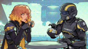 1girl 1other armor black_gloves blonde_hair brown_eyes brown_hair cape capelet combat_helmet commentary cup eagle_1_(helldivers) english_commentary fingerless_gloves freckles gloves gradient_hair helldiver_(helldivers) helldivers_(series) helmet highres holding holding_cup looking_at_another multicolored_hair open_mouth phantom_ix_row plate_armor pouring shoulder_armor teacup teapot teeth upper_teeth_only