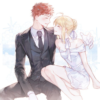 1boy 1girl artoria_pendragon_(fate) baboteolsegongsa black_necktie black_vest blonde_hair blush couple dress emiya_shirou fate/stay_night fate_(series) formal_clothes gloves happy necktie red_hair saber_(fate) smile suit vest wedding_dress