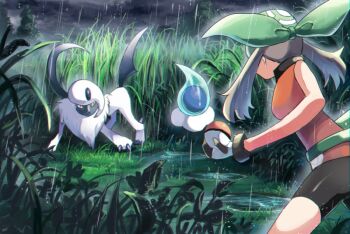 1girl absol bandana bare_arms battle bike_shorts brown_hair castform castform_(rainy) commentary_request foliage gen_3_pokemon gloves grass green_bandana holding holding_poke_ball legs_apart may_(pokemon) may_(pokemon_emerald) nintendo poke_ball poke_ball_(basic) pokemon pokemon_(creature) pokemon_emerald pokemon_rse puddle rain rowdon standing tall_grass tree twintails water