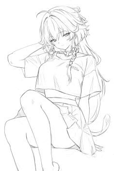 1girl ahoge alternate_costume arm_up braid breasts changli_(wuthering_waves) choker closed_mouth commentary crop_top ddcc0123 english_commentary feather_hair feet_out_of_frame hair_extensions highres large_breasts lineart long_hair looking_at_viewer o-ring o-ring_choker ring_hair_extensions simple_background sitting sketch skirt solo thighs twin_braids white_background wuthering_waves