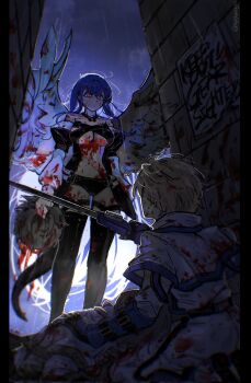 1boy 1girl black_thighhighs blonde_hair blood blue_hair dizzy_(guilty_gear) guilty_gear highres ky_gwangin ky_kiske rain red_eyes standing thighhighs wings