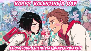 bandaid bandaid_on_face couple diner drinking_straw eye_contact fighting food hasebe_kazumi ice_cream kicking kunio-kun kunio-kun_series kyoko_(kunio-kun) looking_at_another misako_(kunio-kun) official_art punching rem_(tsulala) riki_(kunio-kun) river_city_girls shared_drink shimada_mami smile sundae table valentine window