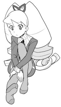 1girl bad_id bow dress drill_hair greyscale hair_bow heriyama long_hair lowres luna_platz_(mega_man) mega_man_(series) mega_man_star_force_(series) monochrome pantyhose simple_background sitting twin_drills very_long_hair white_background