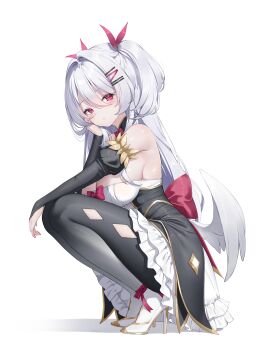 1girl absurdres arm_on_knee bare_shoulders black_gloves black_pantyhose bow breasts bridal_gauntlets cleavage closed_mouth clothing_cutout commentary_request commission diamond_cutout dress dress_bow feathered_wings frilled_dress frills from_side full_body gloves gold_trim hair_between_eyes hair_intakes hair_ornament hairclip hand_on_own_face hand_up head_tilt high_heels highres keibeam korean_commentary large_breasts long_hair looking_at_viewer low_wings off-shoulder_dress off_shoulder original pantyhose parallel_hairclips pink_bow pink_eyes riche_leilani second-party_source sidelocks simple_background solo squatting turning_head two-tone_dress very_long_hair white_background white_dress white_hair white_wings wings