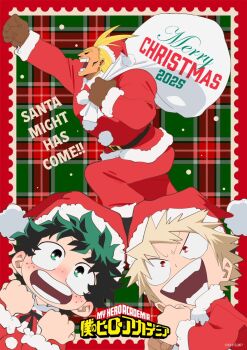 3boys all_might bakugou_katsuki blonde_hair blush boku_no_hero_academia checkered_background clenched_hand copyright_name freckles green_eyes green_hair happy_holidays hat highres holding holding_sack horikoshi_kouhei merry_christmas midoriya_izuku multiple_boys red_background red_eyes sack santa_costume santa_hat