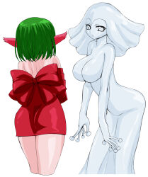 Rule 34 | 2girls, alternate breast size, bishoujo senshi sailor moon, bishoujo senshi sailor moon s, bishoujo senshi sailor moon s the movie: kaguya-hime no koibito, breasts, daimon (sailor moon), demon girl, dress, green hair, hair ornament, highres, large breasts, looking at viewer, monster girl, multiple girls, narrow waist, no ears, no humans, pointy ears, red dress, scan, scar (sailor moon), shiny skin, smile, snow dancer (sailor moon), white background, wide hips