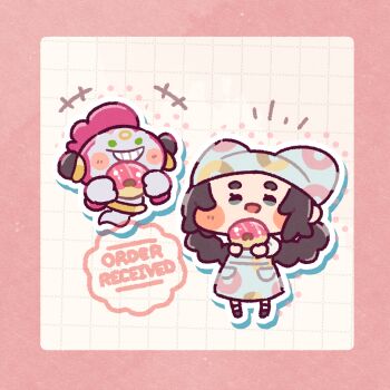 Rule 34 | +++, 1girl, ameya (kappadoll), ansha (pokemon), apron, black hair, blue apron, blue headscarf, blush, blush stickers, border, chibi, chibi only, commentary request, donut, donut print, english text, eyelashes, floating, food, food print, full body, gen 6 pokemon, green eyes, grid background, grin, hair rings, headscarf, holding, holding donut, holding food, hoopa, hoopa (confined), legendary pokemon, long sleeves, mythical pokemon, nintendo, open mouth, outline, pink border, pokemon, pokemon (creature), pokemon legends: z-a, print apron, print headwear, smile, standing, teeth, white outline