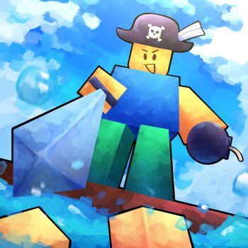 2others absurdres aiming aiming_at_viewer bomb cloud cloudy_sky commission day explosive full_body grin hat highres himochuu holding holding_bomb holding_sword holding_weapon multiple_others noob_(roblox) out_of_frame outdoors pirate_hat pov pov_hands roblox sky smile splashing standing sword water weapon