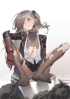 1girl absurdres ardi_blablabla artist_name black_jacket black_skirt black_thighhighs commentary dress_shirt english_commentary feet flat_chest girls'_frontline girls'_frontline_2:_exilium grey_hair highres jacket knees_up leva_(girls'_frontline_2) long_hair long_sleeves looking_at_viewer loose_necktie mechanical_arms necktie one_side_up open_clothes open_jacket orange_eyes panties pantyshot parted_lips partially_open_shirt pleated_skirt scar scar_across_eye scar_on_face shirt sidelocks simple_background single_mechanical_arm single_thighhigh sitting skirt solo spread_legs swept_bangs thigh_strap thighhighs torn_clothes torn_thighhighs trash_bag ump45_(girls'_frontline) underwear white_background white_panties white_shirt yellow_necktie