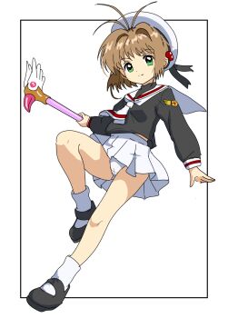 beret brown_hair cardcaptor_sakura fuuin_no_tsue hair_bobbles hair_ornament hat kinomoto_sakura loli panties pokopokopokotan school_uniform short_hair skirt tomoeda_elementary_school_uniform underwear white_panties