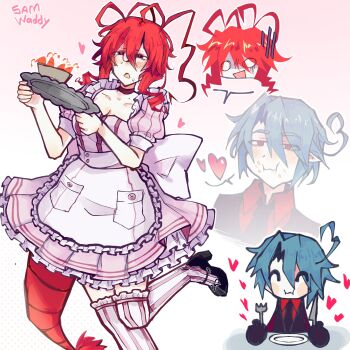 1boy 1girl antenna_hair apron back_bow black_eyes black_gloves black_necktie black_shoes black_vest blue_hair blush bow breasts cleavage closed_eyes closed_mouth collarbone collared_shirt colored_sin colored_skin dress eating food food_on_face fork frilled_apron frills funamusea gloves gradient_background heart highres hijoushiki_roc holding holding_fork holding_knife holding_plate knife leg_up lobco_(funamusea) lobster_girl lobster_tail long_hair necktie o_o oounabara_to_wadanohara open_mouth pink_background pink_dress pinstripe_dress pinstripe_pattern plate puffy_short_sleeves puffy_sleeves red_eyes red_hair red_pupils red_shirt sadism sam_(sillylinariafan) shaded_face shirt shoes short_hair short_sleeves signature speech_bubble striped_clothes striped_thighhighs sweat thighhighs triangle_mouth utensil vest white_apron white_background white_bow white_skin