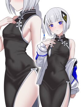 1girl alternate_costume arm_at_side bare_shoulders black_dress blue_eyes braid breasts cevio china_dress chinese_clothes covered_navel dress fingernails grey_hair hand_on_own_chest highres jacket kafu_(cevio) kizakura_art navel side_slit sideboob single_braid small_breasts white_hair white_jacket