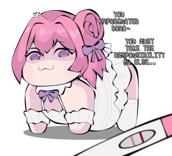 1girl :3 artofjiji doro_(nikke) english_text flower-shaped_hair goddess_of_victory:_nikke hair_bun highres pink_hair pregnancy_test pregnant purple_eyes simple_background what white_background