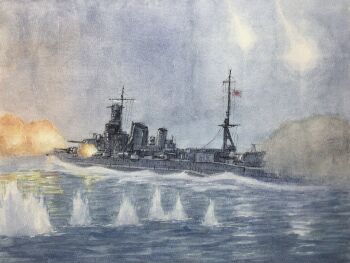 Rule 34 | atelier bono, battle of savo island, commentary request, cruiser, firing, flare, furutaka (cruiser), highres, historical event, imperial japanese navy, mast, military vehicle, muzzle flash, night, no humans, ocean, original, painting (medium), rising sun flag, ship, ship turret, sky, smoke, smokestack, sunburst, traditional media, under fire, warship, watercolor (medium), watercraft