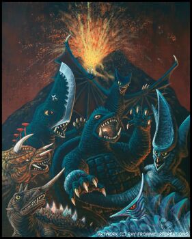 acrylic_paint_(medium) alien barugon beak claws daiei_motion_picture embers eruption fins fire fish gamera gamera_(series) gamera_vs._barugon gamera_vs._guiron gamera_vs._gyaos gamera_vs._jiger gamera_vs._viras gamera_vs._zigra giant giant_monster glowing glowing_eyes glowing_mouth glowing_spikes guiron gyaos horns jiger kaiju lava lizard monster no_humans octopus open_mouth painting_(medium) ray_fromme red_eyes roaring sea_monster shark sharp_teeth shuriken slit_pupils space_monster spikes squid sword talons teeth tongue traditional_media turtle tusks viras volcano weapon wings yellow_eyes zigra
